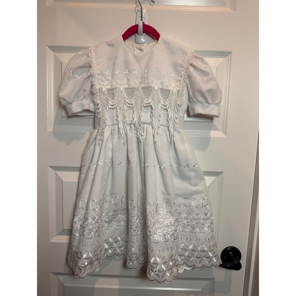 Vintage Color Me Nice White Embroidered Lace Cotton Dress Girls Size 4 5322